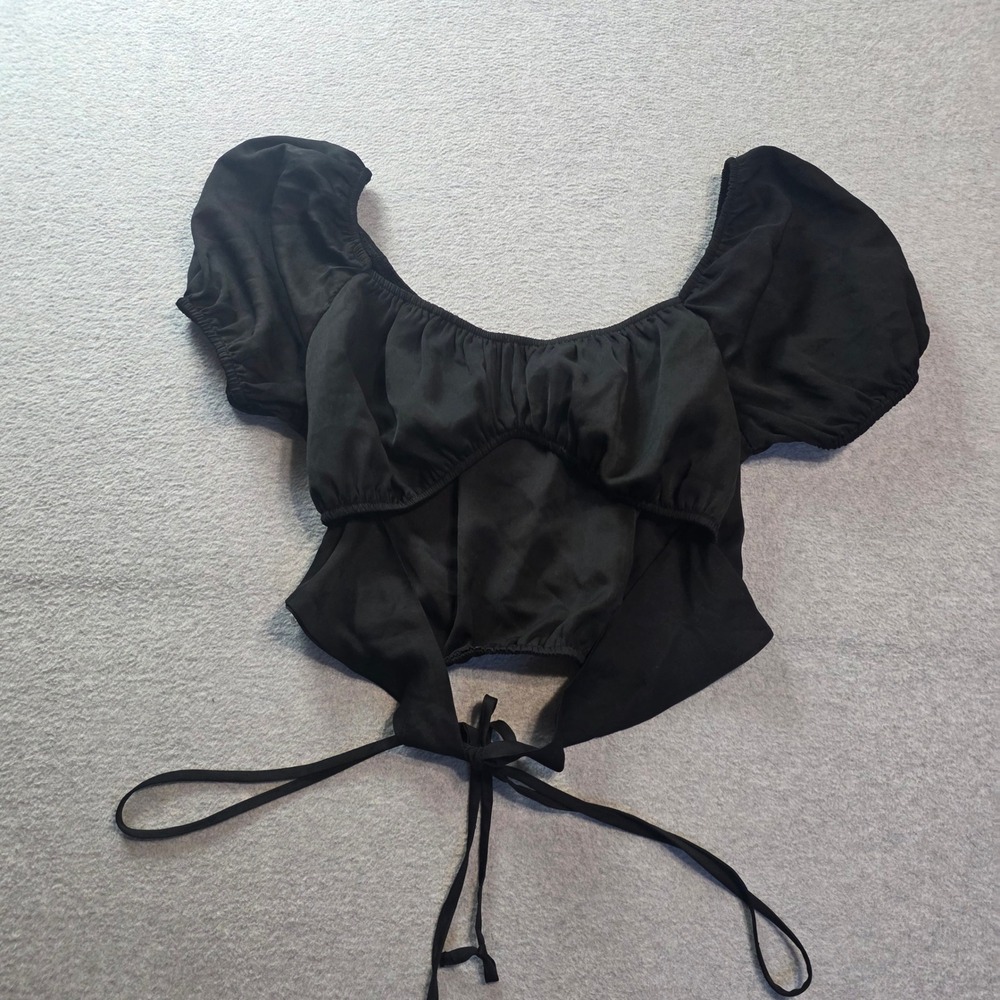 Active USA Tie Front Crop Top Womens Large Black Puff Sleeve Cutout Y2K Party